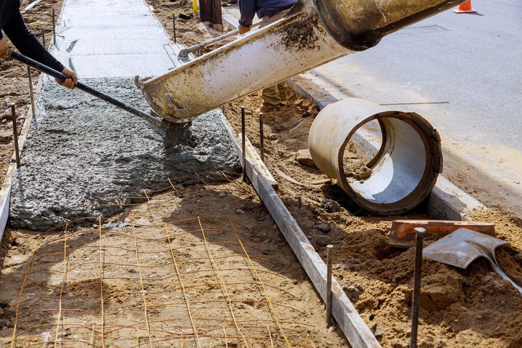 Pouring-Concrete-into-forms-for-a-new-concrete-sidewalk